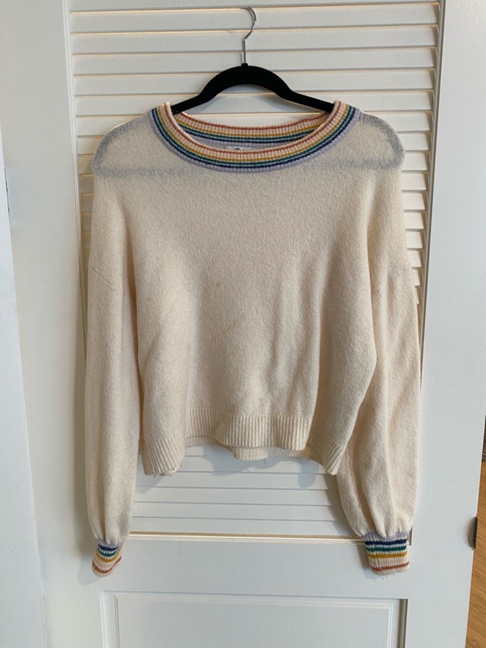 Madewell Cream Crewneck Sweater with Rainbow Trim